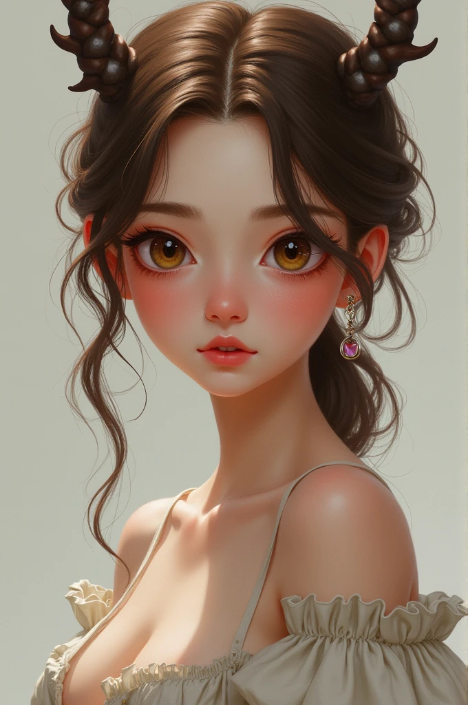 I am jude, a girl with a slim figure and soft features, such as my heart-shaped face. I am is pale and my eyes are exact color of walnuts. My hair is brown, the color of a willow tree. The hairstyle I wear is braided horns. I have fuller breasts and larger hips. And I am 5’5 tall.