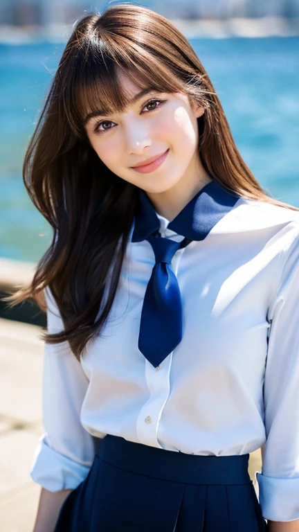 Highest quality, masterpiece, Realistic, RAW Photos, High resolution, Intricate details,Very detailed, Japanese Beauty, Attractive eyes, (Periorbital iness), Straight hair, Bright smile, Asymmetrical bangs, Light brown hair, Bob Hair, (Navy blue double blazer), (White collared shirt with navy blue tie), (Navy blue tight skirt), Black pumps, (firm and youthful brea-cup breasts, Trnt white skin, (Breasts are exposebackground, harbor, blue sea, 8k, full body,
