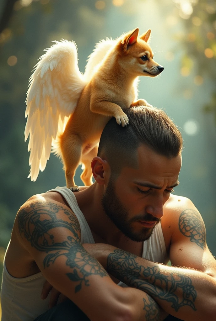 A tiny golden terrier turned into an angel and that watches over a sad man with tattoos and no beard. May the puppy be tiny