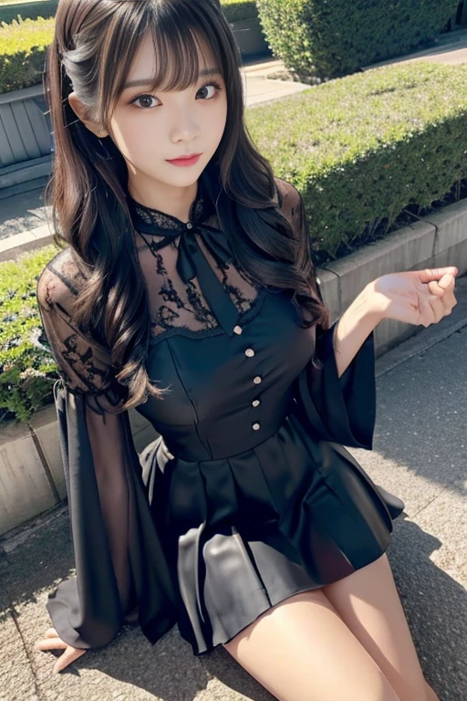Very detailed、Attractive beauty、Pretty Woman、Cool、Wavy Hair、Black chiffon dress、Wide sleeves、flare skirt、Evil女性幹部、Evil堕落、brainwashing、Lace fabric、Shiny legs、Black lipstick、Evil表情、Suspicious look、Hollow Eyes、Evil、Reaching out、Overhead Shot、Self snap、stand up