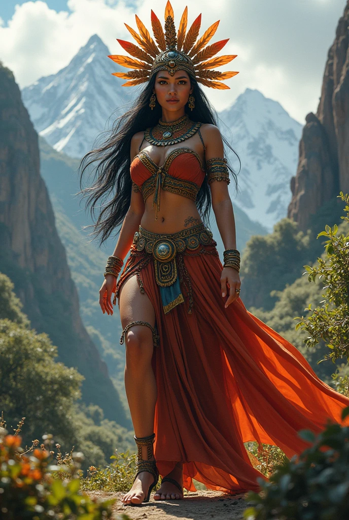 Create a sexy and empowered Inca goddess who is very powerful