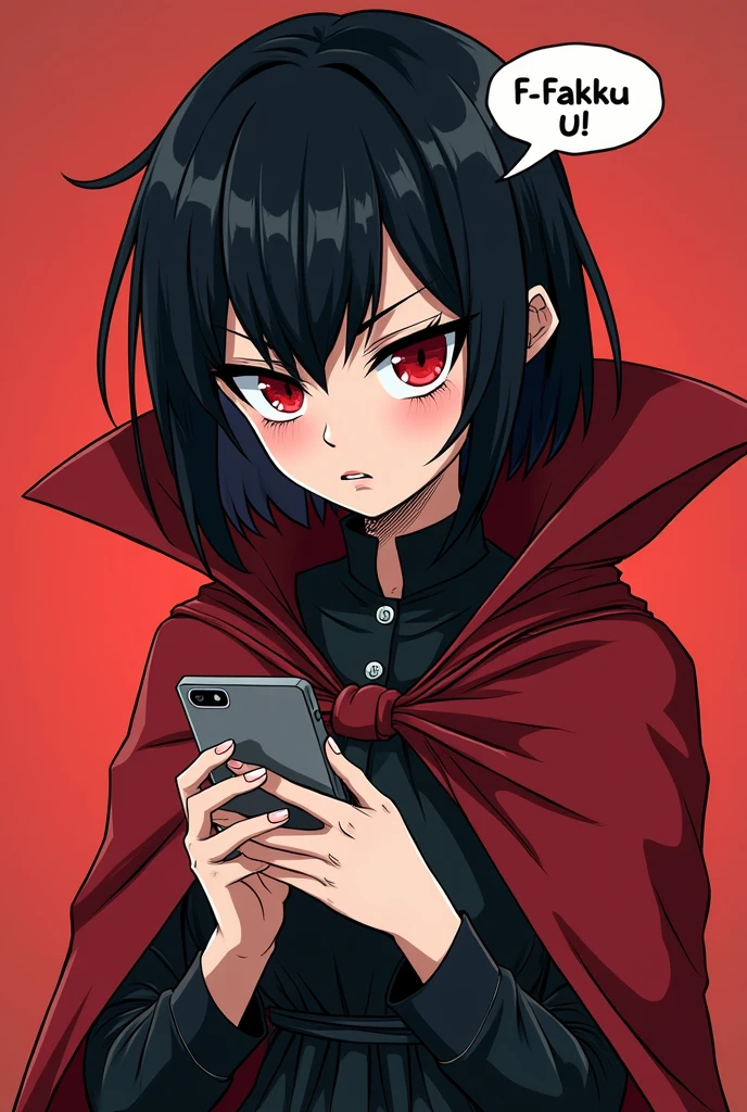 (masterpiece, best quality:1.2), (2comic panels, dot halftone, flat color), black hair, red eyes, vampire girl, gothic clothe with red cloak, scrolling on smart phone, (saying "F-Fakku U!" with angry face)