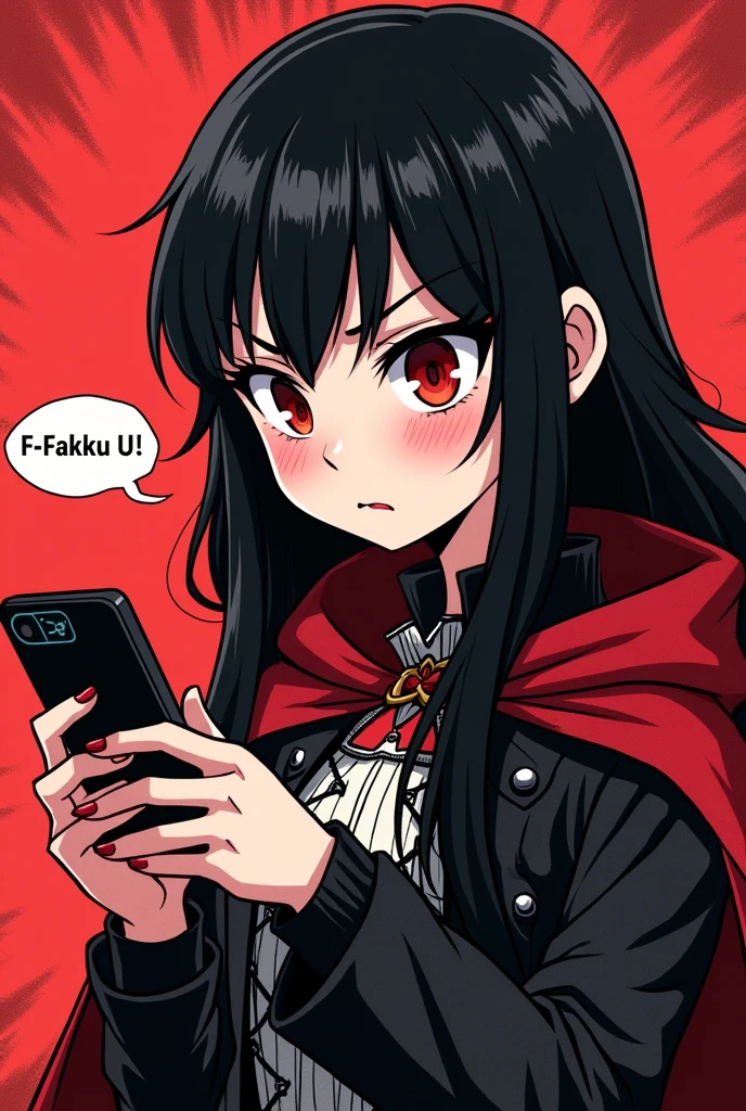 (masterpiece, best quality:1.2), (2comic panels, dot halftone, flat color), black hair, red eyes, vampire girl, gothic clothe with red cloak, scrolling on smart phone, (saying "F-Fakku U!" with angry face)