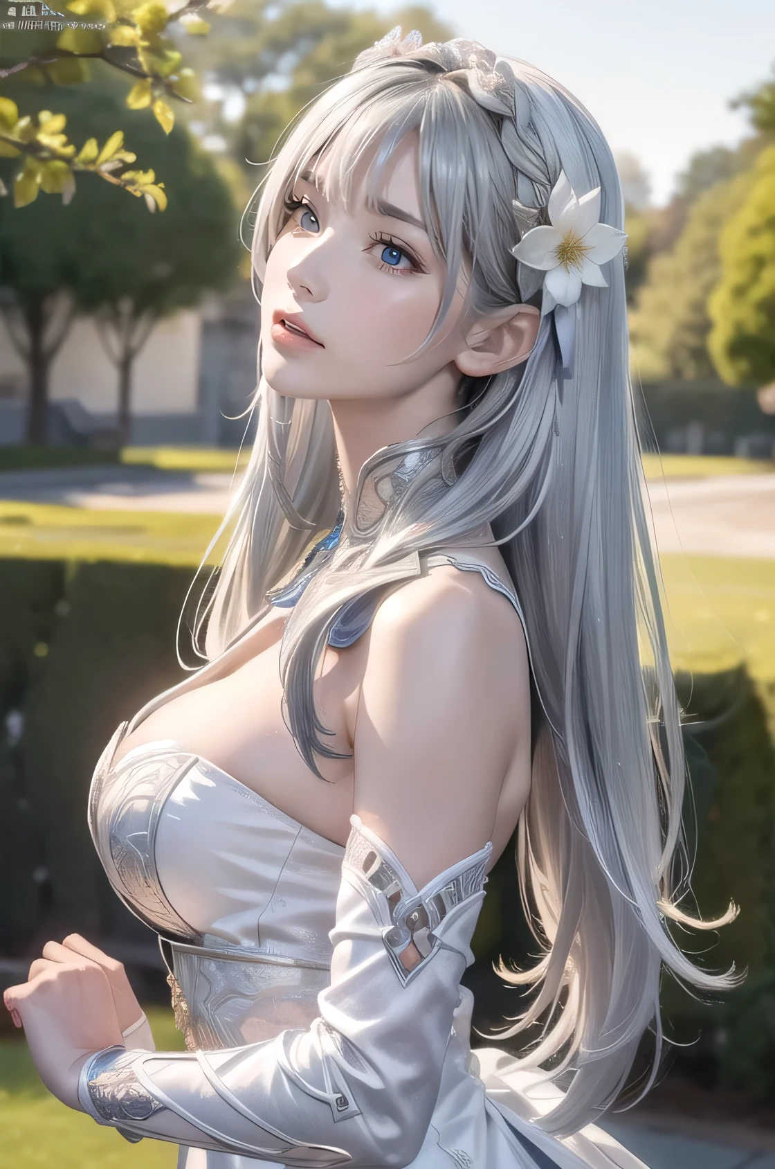 (masterpiece, Highest quality),8K Masterpiece、Ultra-high resolution、(Realistic:1.3)、RAW Photos、Beautiful woman 1 person、(((Silver-white medium straight hair:1.2)))、Glowing Skin、1. Super beautiful cyberpunk soldier、((Ultra-Realistic Details))、Portraiture、Global Illumination、Shadow、Octane Rendering:1.2, Ultra Sharp、Beautiful breasts、Bare skin exposed at the cleavage、metals、Cool colors、、Very intricate details、Realistic Light、CGSoation trend、Beautiful Eyes、Big bright eyes、Gentle gaze at your lover:1.2 、Intensely accentuates the eyes:1.2、Staring at the audience、Long neck、Smile a little、Close your mouth and smile:1.2、Ideal body proportions 、Neon Details、((Kissing expression))、((Red pupils))、( Shrug:1.2)、Expose your shoulders, Cleavage:1.2、Slim waist、 Beautiful details, Chest Details, (Beautiful random color damask dress with deep neckline:1.4), Very good, , (Camel toe details), Very detailed, Highest quality, Tabletop, Outdoor 、A spacious space with greenery and flower beds々A beautiful garden and::1.4、garden 、wind , From the side 、