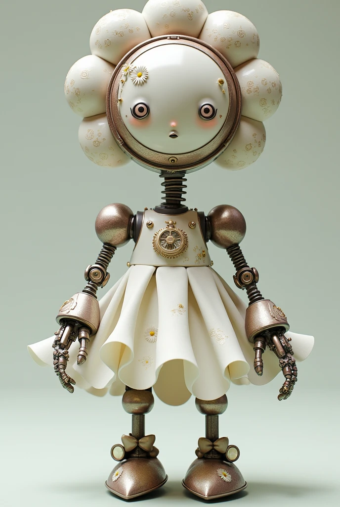   A mechanical object inspired by a daisy, with a round metallic head shaped like a circle with metallic petals placed on its metallic daisy-shaped head. It has magnificent arms on it, a ball-shaped body in the shape of a metallic circle with a white dress that hides half of its legs with daisies placed on them. It has light pink eyes, metallic pointed feet with daisy symbols placed on them, and a mouth.
