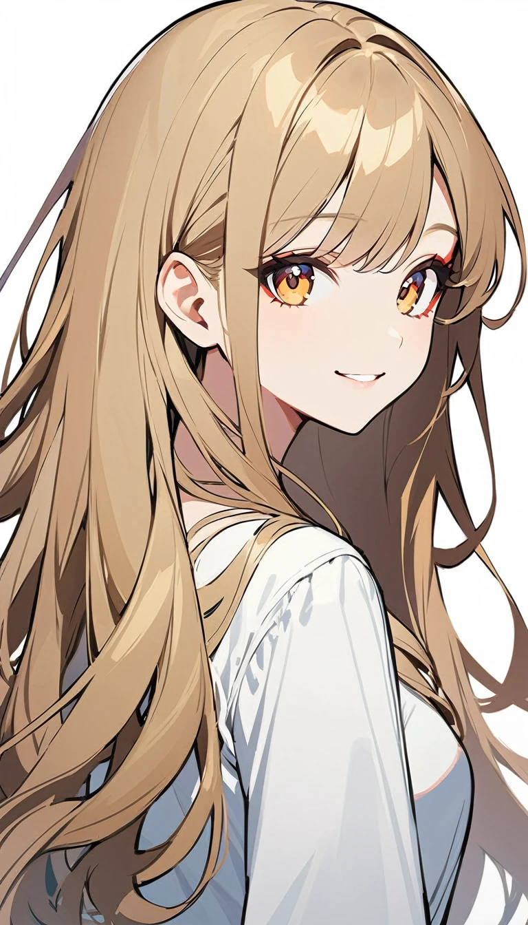 Flat Design,(upper body),1girl, natural makeup, smile, long hair ,light brown hair, white blouse, look back, looking at viewer, white background