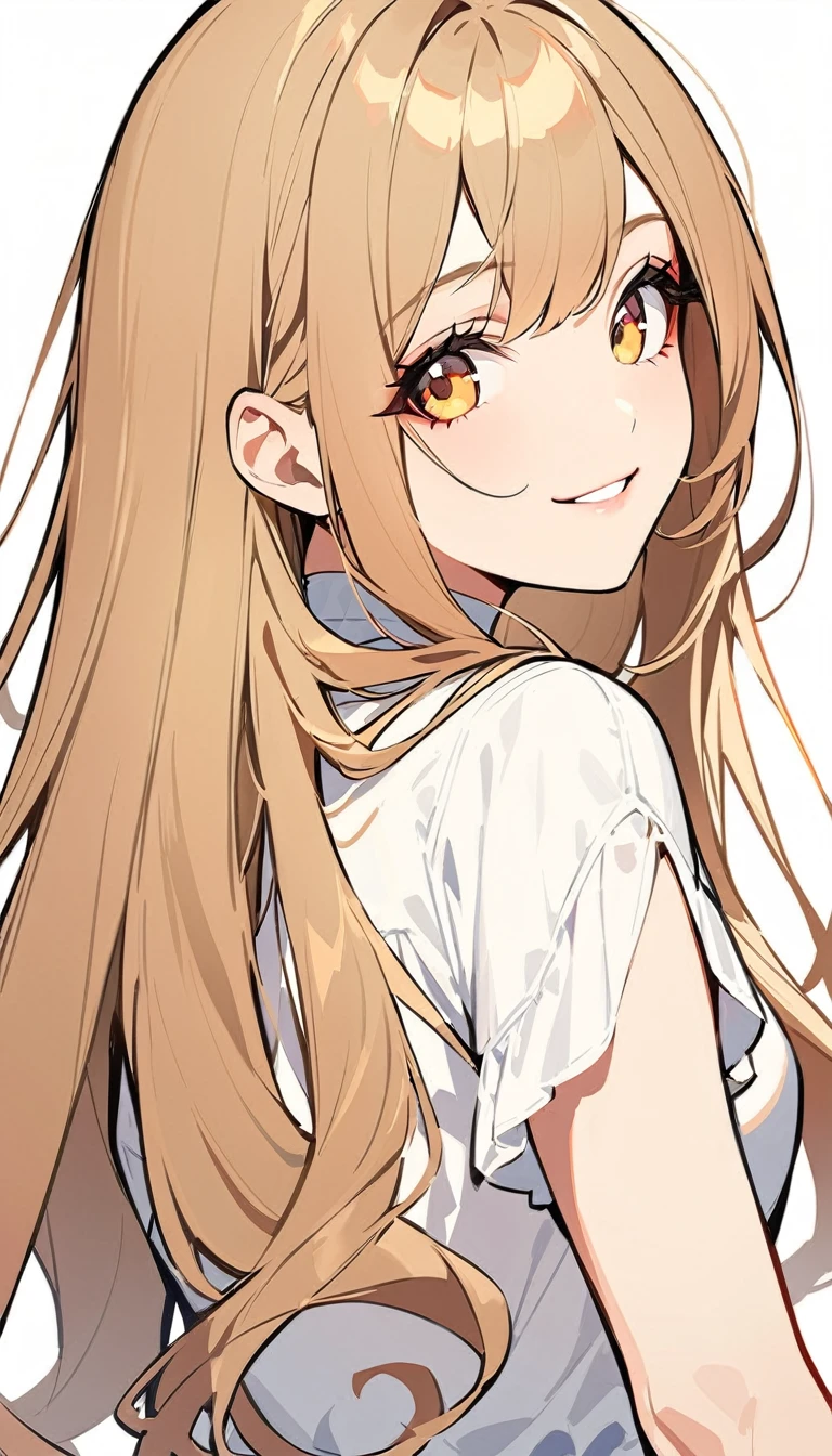 Flat Design,(upper body),1girl, natural makeup, smile, long hair ,light brown hair, white blouse, look back, looking at viewer, white background
