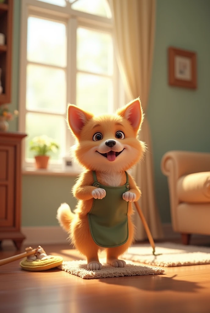 Dog cleaning a house