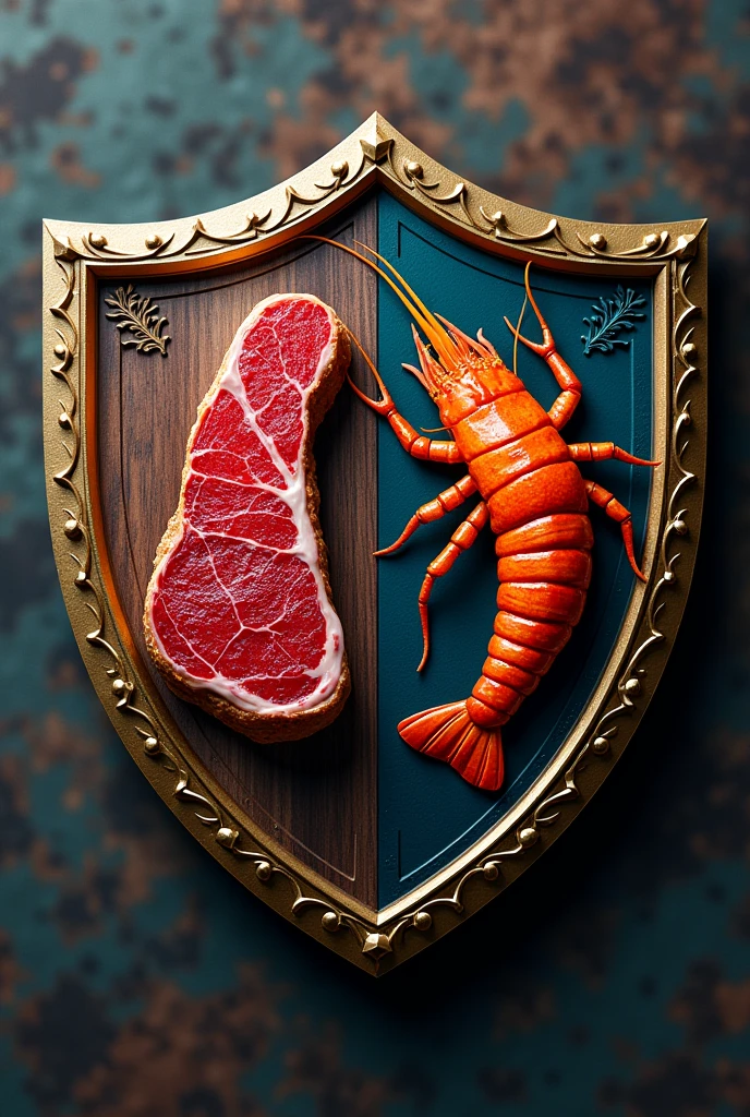 Football shield with symbols of meat and seafood , Named Surf And Turf FC