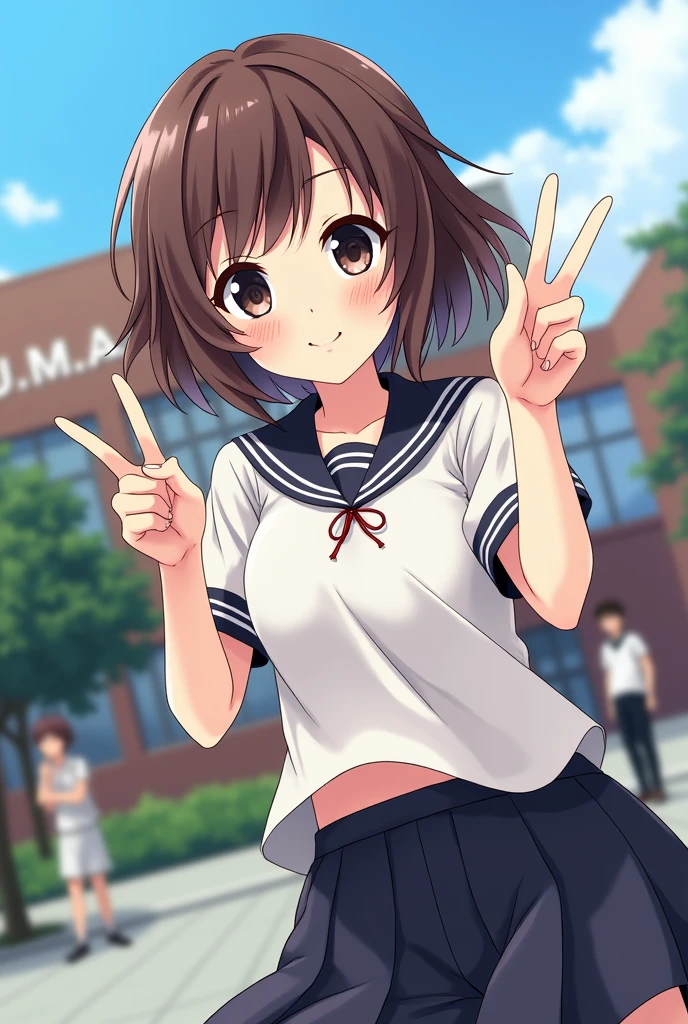 (My Hero Academia anime-style image by Bones) Girl in UA sports uniform, big black eyes, semi short brown hair with some light pink strands slightly wavy with long fringes, she is smiling doing peace pose in the background you see the school with some characters from boku no hero academia (Kaminari Denki and Kirishima Ejirou)