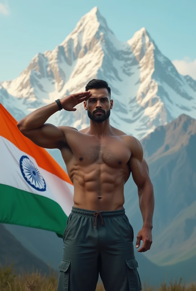 A Men saluting With background of indian flag and himalayas with decent body showing his body posing bchips Without beard age of
Showing his face and gym body