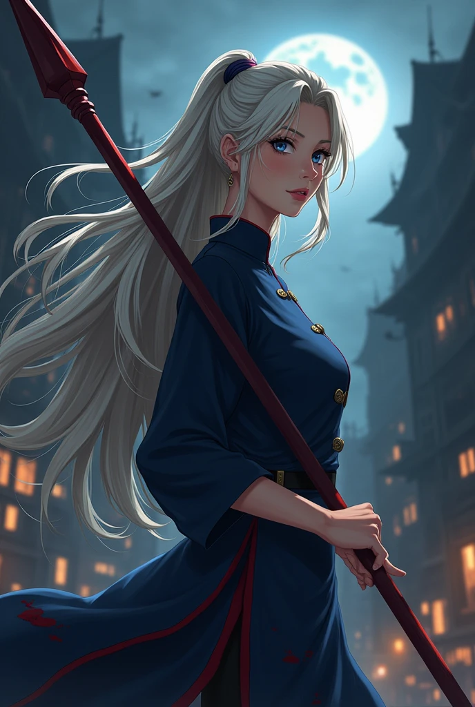 (anime:1.2), adult woman, wearing loose deep navy qipao dress, deep navy shirt with golden button, platinum hair, medium tan skin, extremely long hair, hair with no bangs, visible forehead, black eyes, relaxed pose, strong and stoic expression, holding a spear, image shot from her side, detailed face, blood splattered across her clothes, monsters in background, broken city in background, cold colors, night sky, dark background, lighting from the front