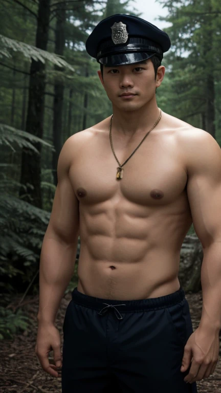 Two asian mens, 49-years-old, police cap, necklace, muscle chub, trunks, men bikini, dark woods background, Full Frame, Professional Lighting