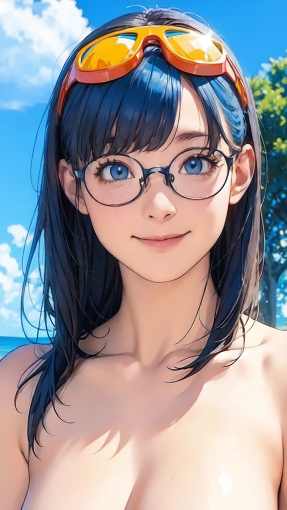 masterpiece, Highest quality, Highest quality, Realistic, Perfect Anatomy, Perfect Face, Perfect Eyes,
Maron Balls, Blue Hair, One person, alone, chest, null, cloud, chestの谷間, blue null, blue eyes, medium chest, (nude:1.3), Day,  smile, goggles, Yellow swimsuit,  Upper Body, Long Hair, goggles on head, Wear glasses on your head, bangs, Outdoor, Sexy pose