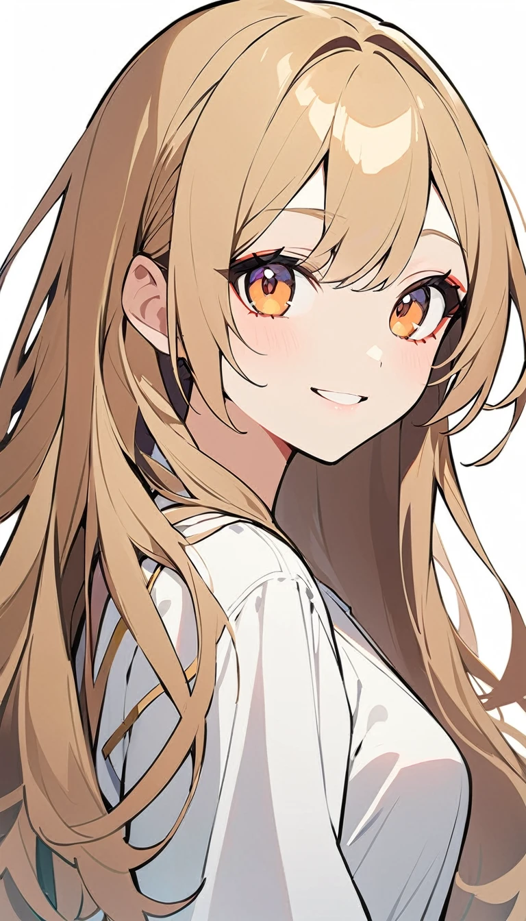 Flat Design,(upper body),1girl, natural makeup, smile, long hair ,light brown hair, white blouse, looking at viewer, white background