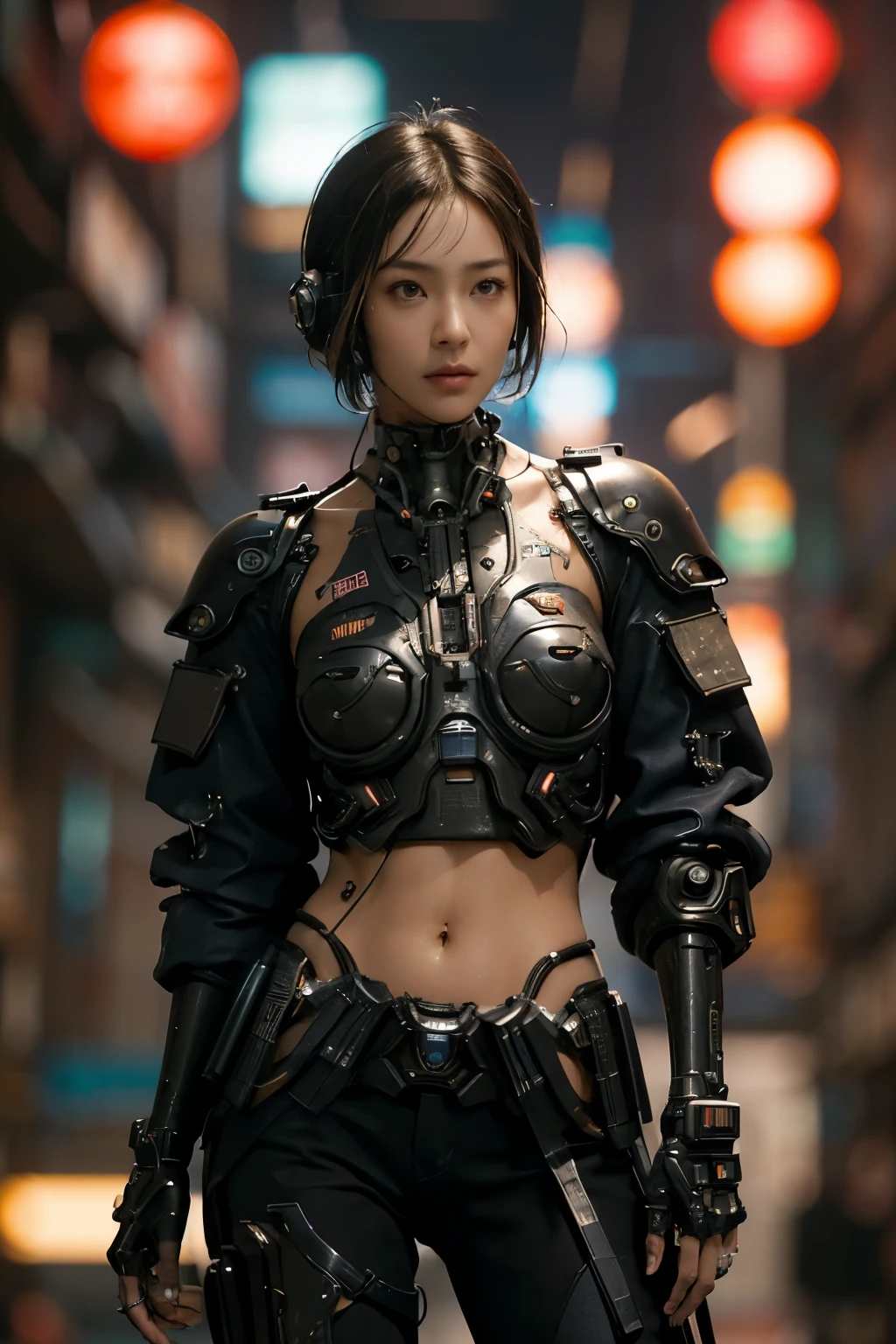 (masterpiece:1.2), ultra detailed, ultra high resolution, (realist, photo realist:1.37), RAW color photo with high detail, Professional photography, an extremely delicate and beautiful, extremely detailed, finely detail, Huge file size, extremely detailed beautiful girl, extremely detailed face, extremely detailed eyes, extremely detailed skin, extremely detailed nose, extremely detailed mouth, perfect anatomy, very detailed background, shiny skin, (famous Japanese actress:1.3), (improve:1.25), flat chest, (brown breed, Dark skin, by rubio), (very short hair), cinematic lighting, (any pose:1.6), cowboy shot, Jeans, (Cyberpunk City:1.45), looking away, urban techwear, attire,