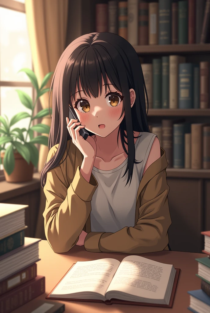 Anime girl, 1 girl image, 9:16, crying, talking on smartphone call, sit on the chair with table, on the table opened a book , many books on the table, she wears beautiful informal dress , hot body, she likes about 24 years old