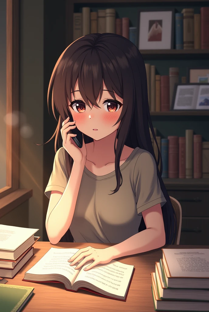 Anime girl, 1 girl image, 9:16, crying, talking on smartphone  call, sit on the chair with table, on the table opened a book , many books on the table, she wears beautiful informal dress , hot body, she likes about 24 years old 