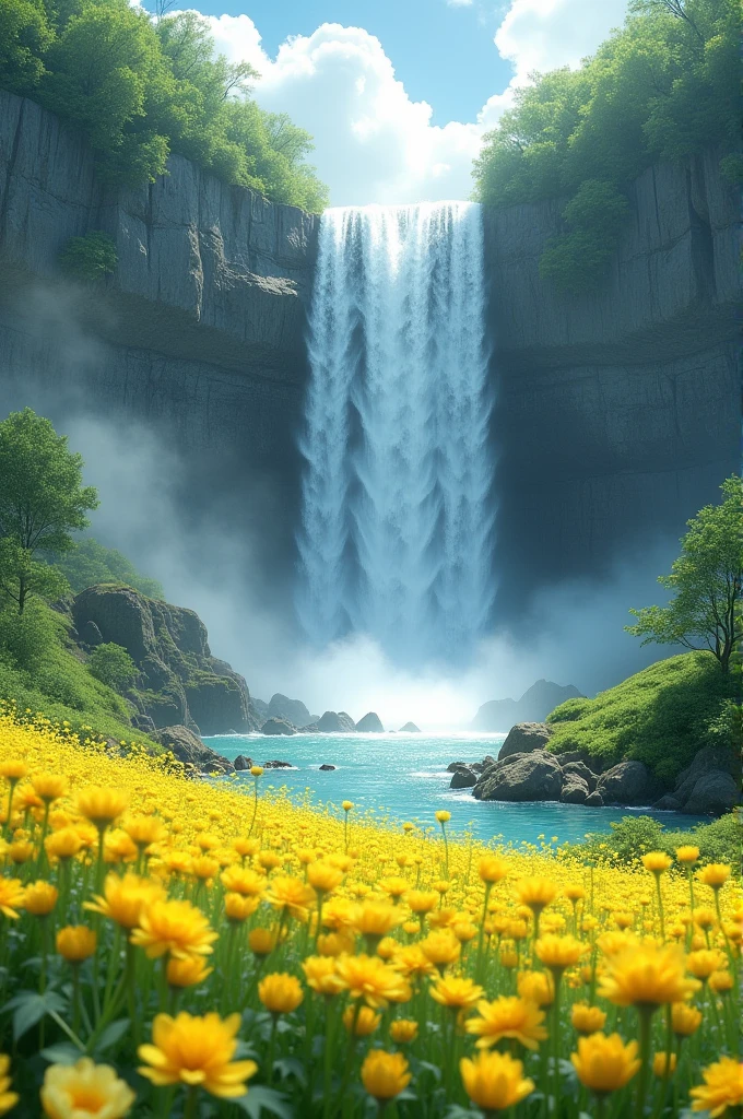 Make me a picture of a small rape field in the front with a waterfall in the back