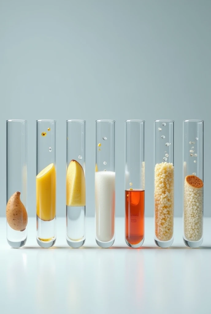 generates 6 test tubes and that each one is added a drop of Lugol ,and each test tube has a different food , in the first test tube a piece of banana is added to the second a piece of potato or potato to the third a few grams of sugar to the fourth a small piece of bread to the fifth a few grams of rice to the sixth a small piece of noodle , each tube with its respective chemical reaction , more noticeable with those that have starch all straight without errors