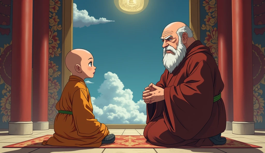 Young monk student sitting and talking with his old fat master monk in front of huge mirror in a room, in anime style,
