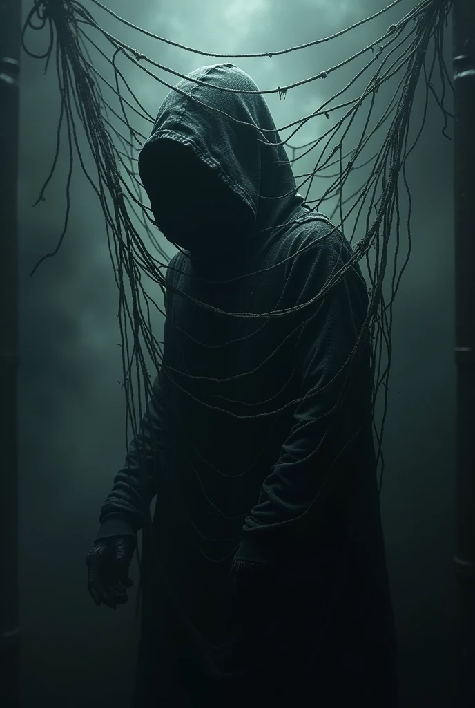 Shadowy figure in a cap caught in a net trap, background blurred.