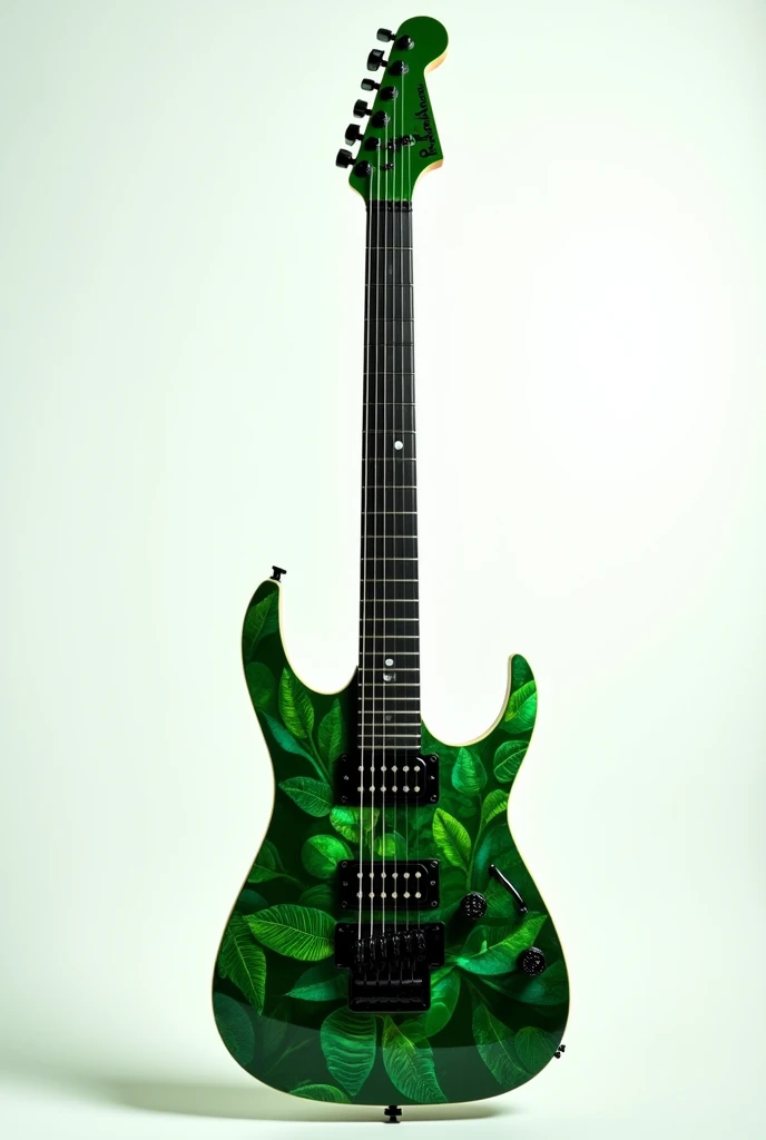 Ibanez style electric guitar, all green, dark green leaf pattern, black neck, green headstock, on a white background.