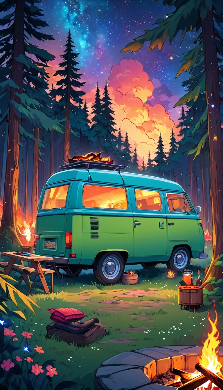 Draw a lofi anime poster style scene of a van in the forest, fairy decoration, camp fire, BBQ, starry sky, wilderness, dense forest, natta, beautiful color palette, vibrant saturated colors, work of art, cinematic cloudy sky, no human