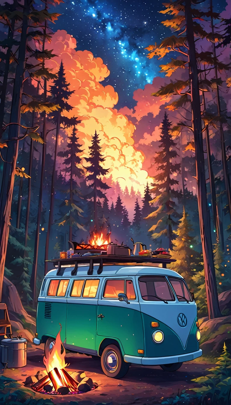 Draw a lofi anime poster style scene of a van in the forest, fairy decoration, camp fire, BBQ, starry sky, wilderness, dense forest, natta, beautiful color palette, vibrant saturated colors, work of art, cinematic cloudy sky, no human