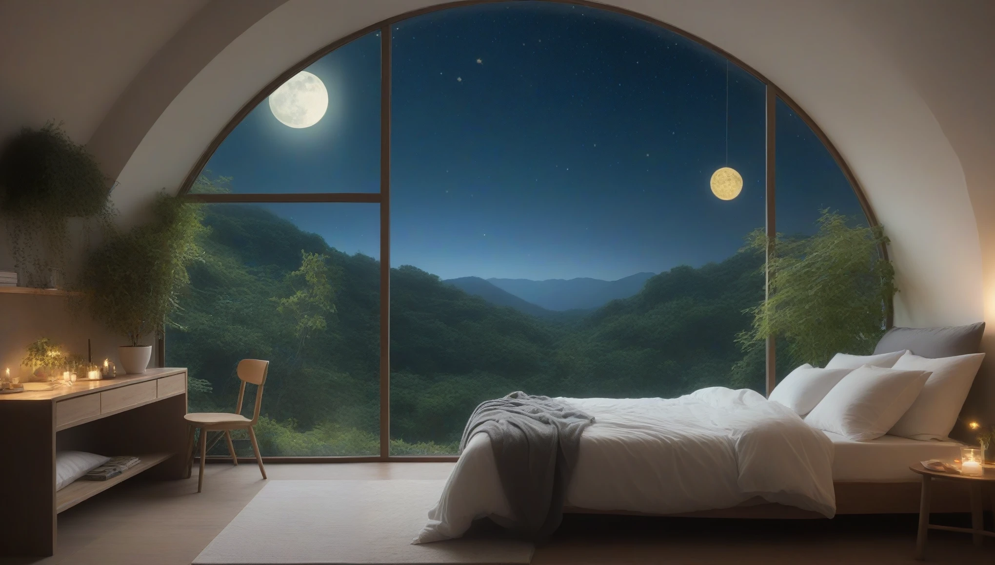 A comfortable bed in a fantastical space。The room is dimly lit、There is a pleasant scent。A fluffy duvet is laid on the bed.、There are comfortable pillows and、There are blankets to keep you warm。The light of the moon and stars shines through the window、A fantastic view unfolds。There are green plants around the bed.、The space is in harmony with nature.。As I lie in this bed、Free from the hustle and bustle of everyday life、You will be able to sleep peacefully。