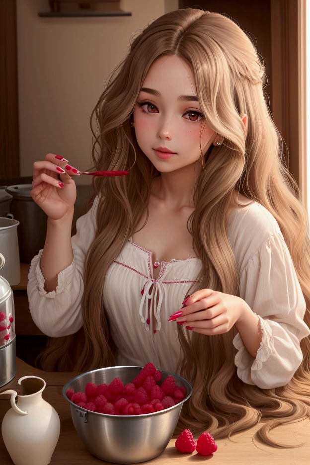 long hair, wavy and light brown. She is filing her nails. In the front there is a table with a large pot of raspberries. Her lips are white.