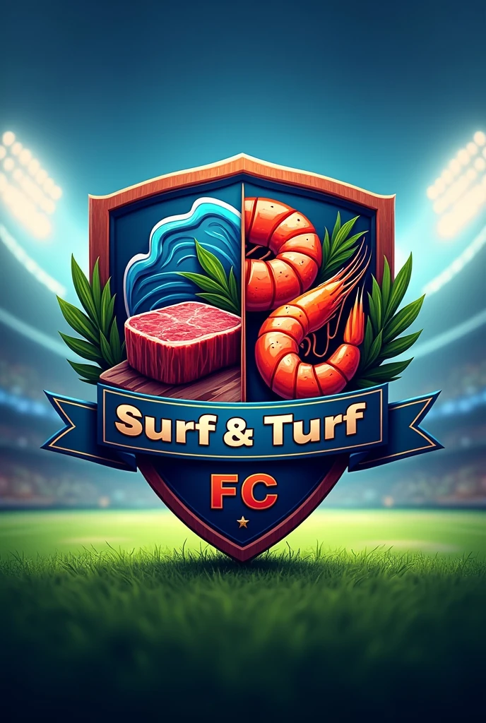 Football shield with symbols of meat and seafood , Named Surf And Turf FC 