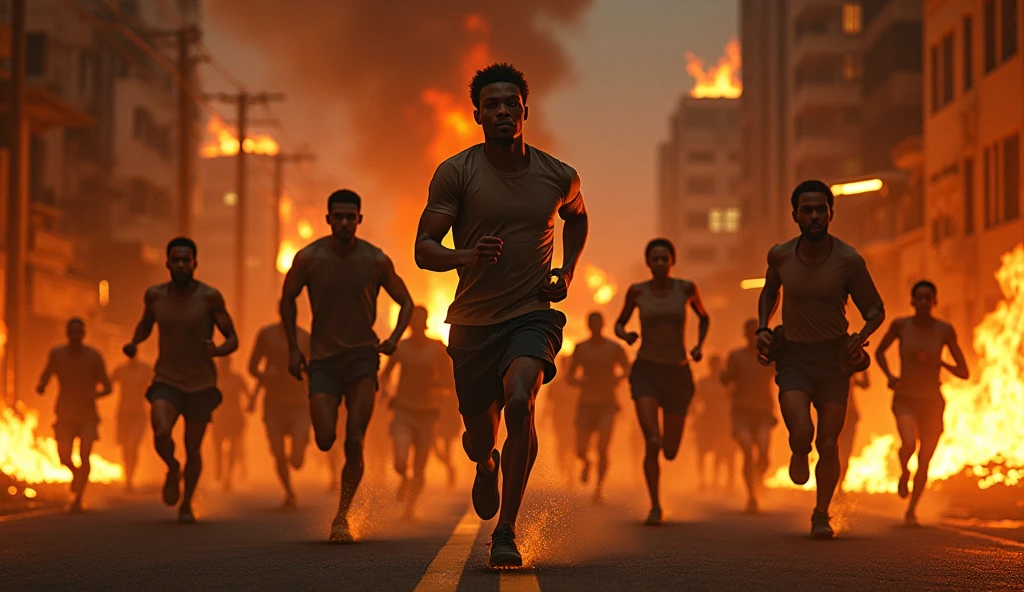africans running at night in the city on fire