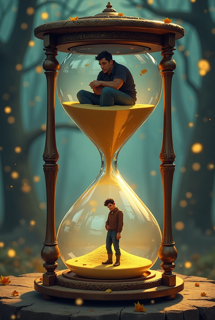 an hourglass that has a sad man on the top, and on the bottom where the sand is, there's the same man standing around, Disney style