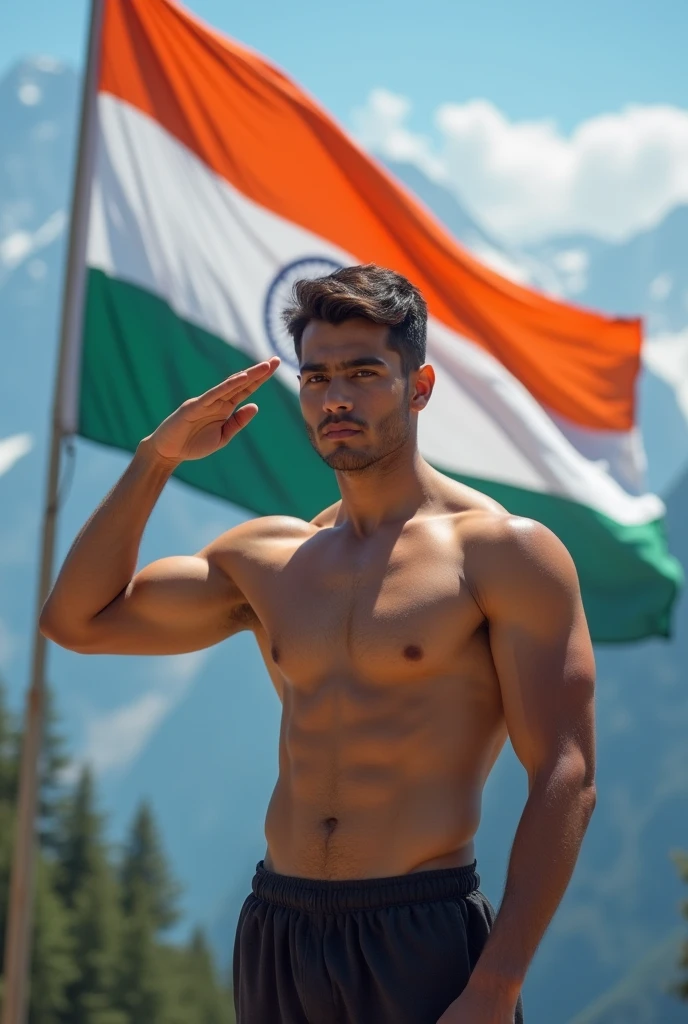 A boysaluting With background of indian flag and himalayas with decent body showing his body posing bchips Without beard age of 19
Showing his face and gym body