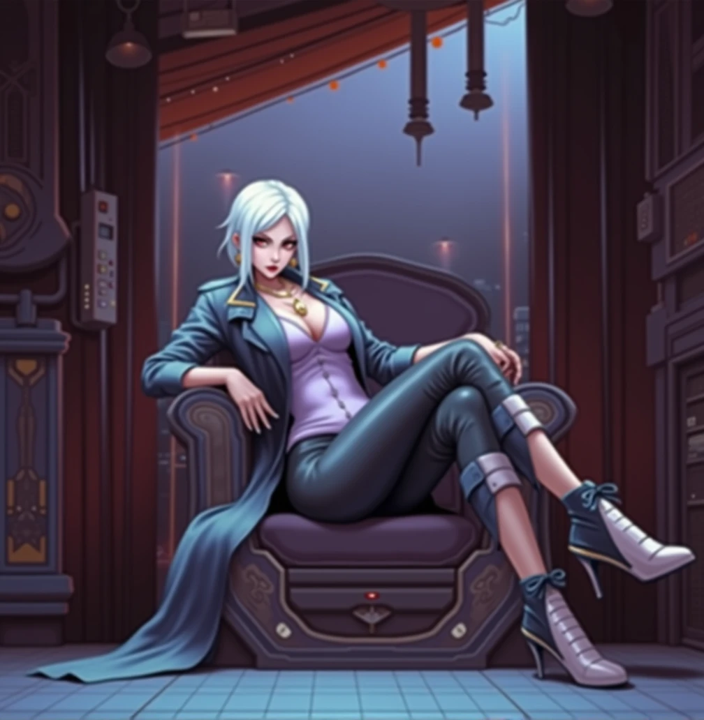 (((1girl, solo, mirko, mirkomha, boku no hero academia, (white hair, red eyes, long hair, rabbit ears, dark skin), lipstick, gold earrings, muscular, fitness)), sensual pose, Beautiful, diamond necklace)), ((solo, 1woman, pink lipstick, Extremely detailed, ambient soft lighting, 4k, perfect eyes, a perfect face, perfect lighting, a 1girl)), austere, ((fitness,, shapely body, athletic body, toned body)), ((black coat, purple maisa, leather pants, high heel boots, knee-high boots, sitting on a throne, crossed legs, cyberpunk city, cyber throne, neon, terrace, night, futuristic throne))