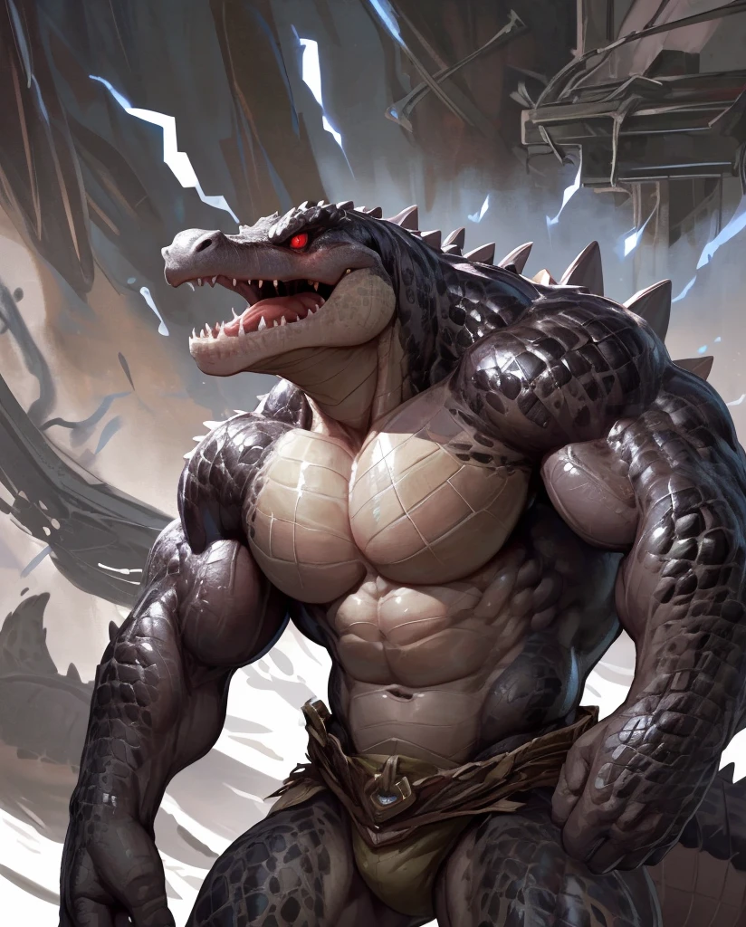 solo, anthro, furry male, crocodile, (Spiny scales, scales, detailed muscles), (Crocodile print), black scales, white belly, spiny scales, standing up, bodyguard outfit, black claws, red eyes, slit eyes, slim fit, muscular slim, menacing, raging, angry, detailed eyes, pecs, tail, long tail, looking away, (Masterpiece, by null-ghost, hi-res, 8k), face sideways, leaning forward, oil stain, bodybuilding, black posing trunk, (Front Double Biceps pose), 