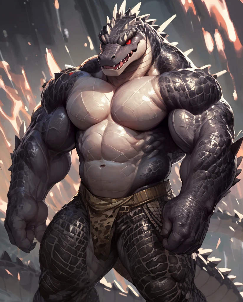 solo, anthro, furry male, crocodile, (Spiny scales, scales, detailed muscles), (Crocodile print), black scales, white belly, spiny scales, standing up, bodyguard outfit, black claws, red eyes, slit eyes, slim fit, muscular slim, menacing, raging, angry, detailed eyes, pecs, tail, long tail, looking away, (Masterpiece, by null-ghost, hi-res, 8k), face sideways, leaning forward, oil stain, bodybuilding, black posing trunk, (Front Double Biceps pose), 