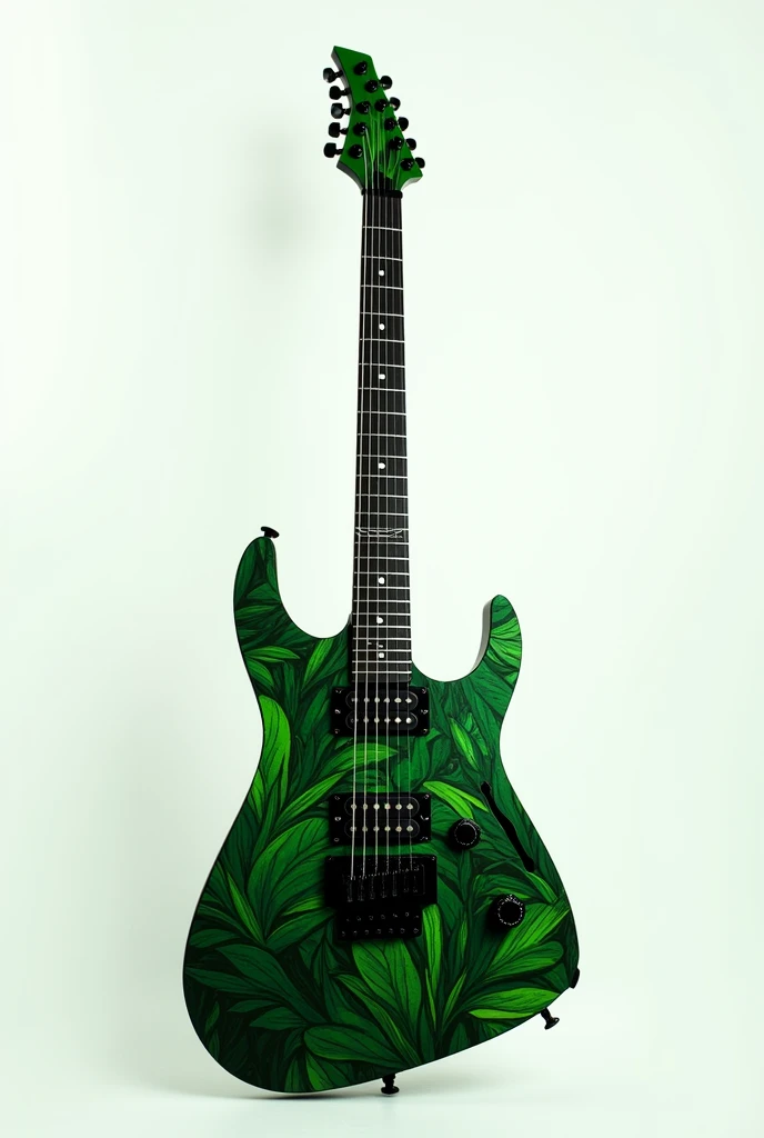 Ibanez style electric guitar, all green, dark green leaf pattern, black neck, green headstock, on a white background.