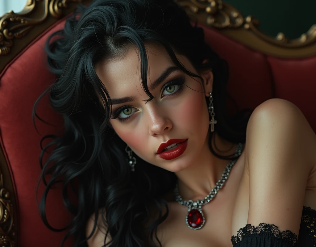 (ultra realistic) Waist length portrait, Sharp images, clear photo, hyper-detailed, photorealistic texture shot, 8K HD, 20 years old woman, she has very black wavy hair, she has breast size 1.3, she wears sexy black medieval underwear with embroidery with beautiful fine details, plus a silver chain necklace with a ruby, interesting and complicated construction, she has cross-shaped earrings, face without makeup (Detailed and realistic skin), lips marked with red lipstick, flirtatious look, white tees, big light green eyes, soft and bold black eye shadows, huge eyelashes, beautiful dark green eyes, she is smiling slightly in a mysterious way, beautiful teeth, hyperrealism, very elaborate skin, very detailed, realistic photo, 32k, uhd, hdr background, she is lying on an elegant sofa in medieval style.