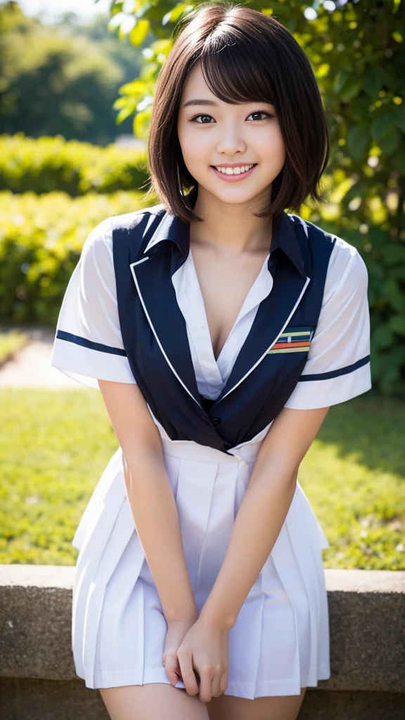 Pure young Japanese school girl, sexual attractive, wearing summer uniforms, little loose blouse chest, no makeup, natural black short hairstyles, sweet smile, sweet temptation, soft summer sunlight, feeling soft breeze in hair, professional pin-up portrait photography