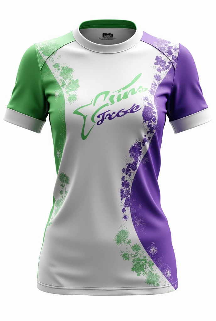 Create a design for a t-shirt that will be used in the women's race where the sponsors are Profamilia and Caiclos. The background should be white, Profamilia's colors are green and purple, and Caiclos' color is purple., that the design is already reflected in a t-shirt but that it is only the front and back of the t-shirt that the t-shirt is not on any model