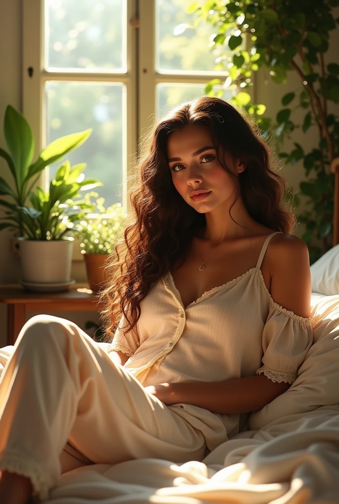 (photorealism:1.2), beautiful woman, sitting on bed, wearing loose off-shoulder top, pajama pants, long curly hair, indoors, soft lighting, plants in background, window with sunlight, cozy room, relaxed pose, realistic, intricate details, warm colors, by Greg Rutkowski, by Alphonse Mucha