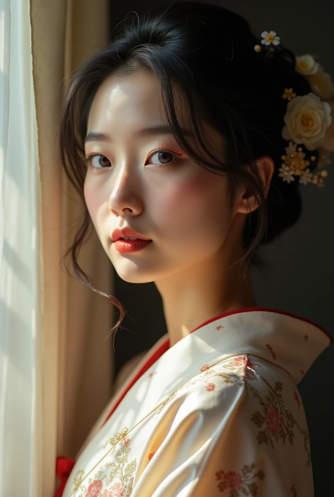 An elegantly dressed Japanese woman in natural light、A close-up of her chest and calm expression.、It shows her inner peace and outer charm.。