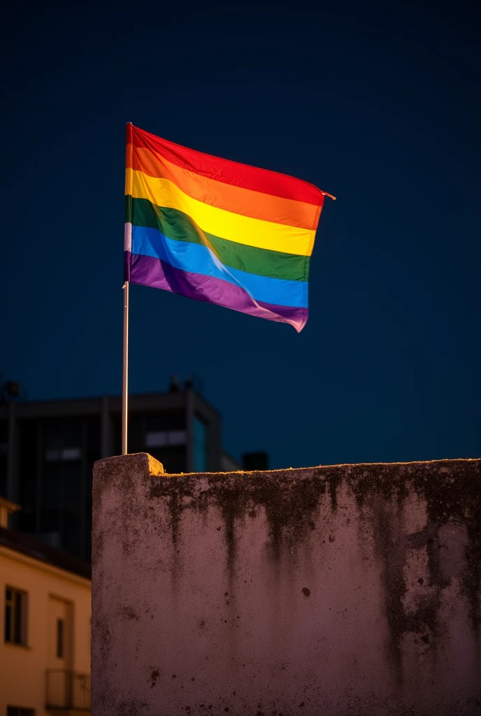 A photograph taken at night of a wall with a gay pride flag on top of it.