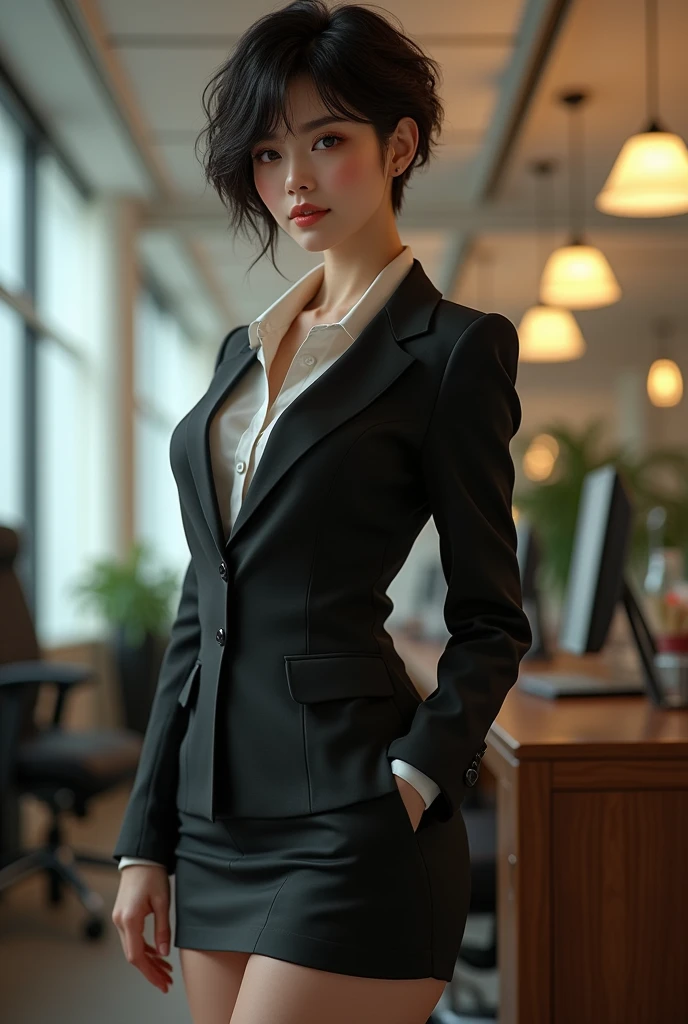 ((Highest quality)), ((masterpiece)), (detailed), Perfect Face,Moist and creamy, Curvy body type, Full Hips, short hair、Smile、boyish、mini skirt、View from below, Office Lady Suit