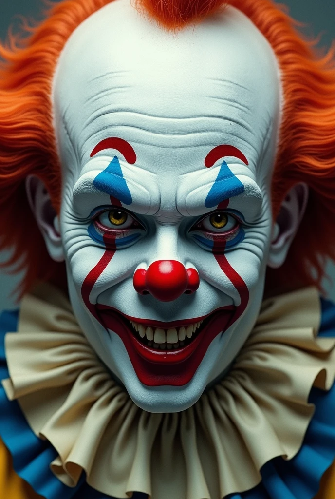 L'image est une illustration numérique du visage d'un clown. Le clown porte une tenue colorée, il n'est pas trop maquillé. Il ressemble a un homme réel.Il fait peur et a la bouché fermé. Son visage est très nette.