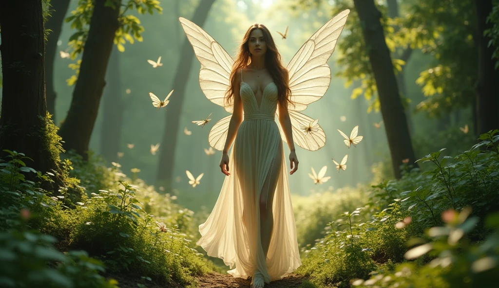 a beautiful sexy woman ultra realistic 8k walks through the forest surrounded by magical fairies 