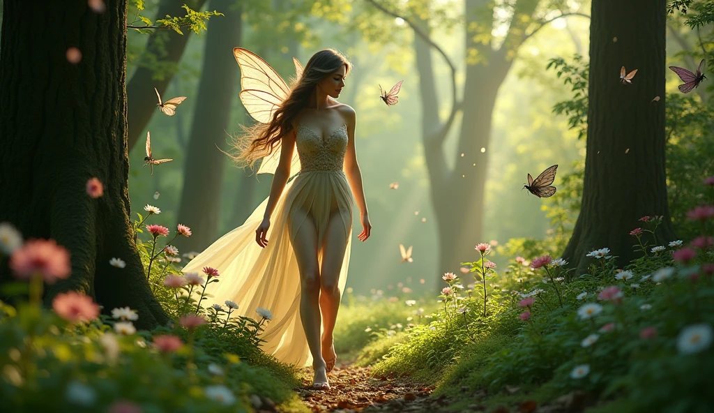 a beautiful sexy woman ultra realistic 8k walks through the forest surrounded by magical fairies