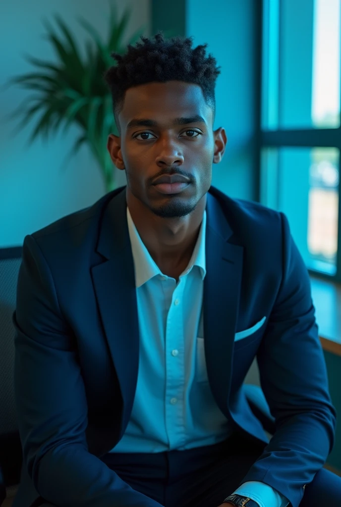 hyper realistic portrait of Dylan spouse, black guy, 22 years old, with black hair and brown eyes. male, guy, chiseled, handsome, he should have a natural, approachable expression and be lit by soft, blue light, canon eos r5, raw format, sitting in a panoramic corner office of New York, modern office with detailed decoration and background is the setting